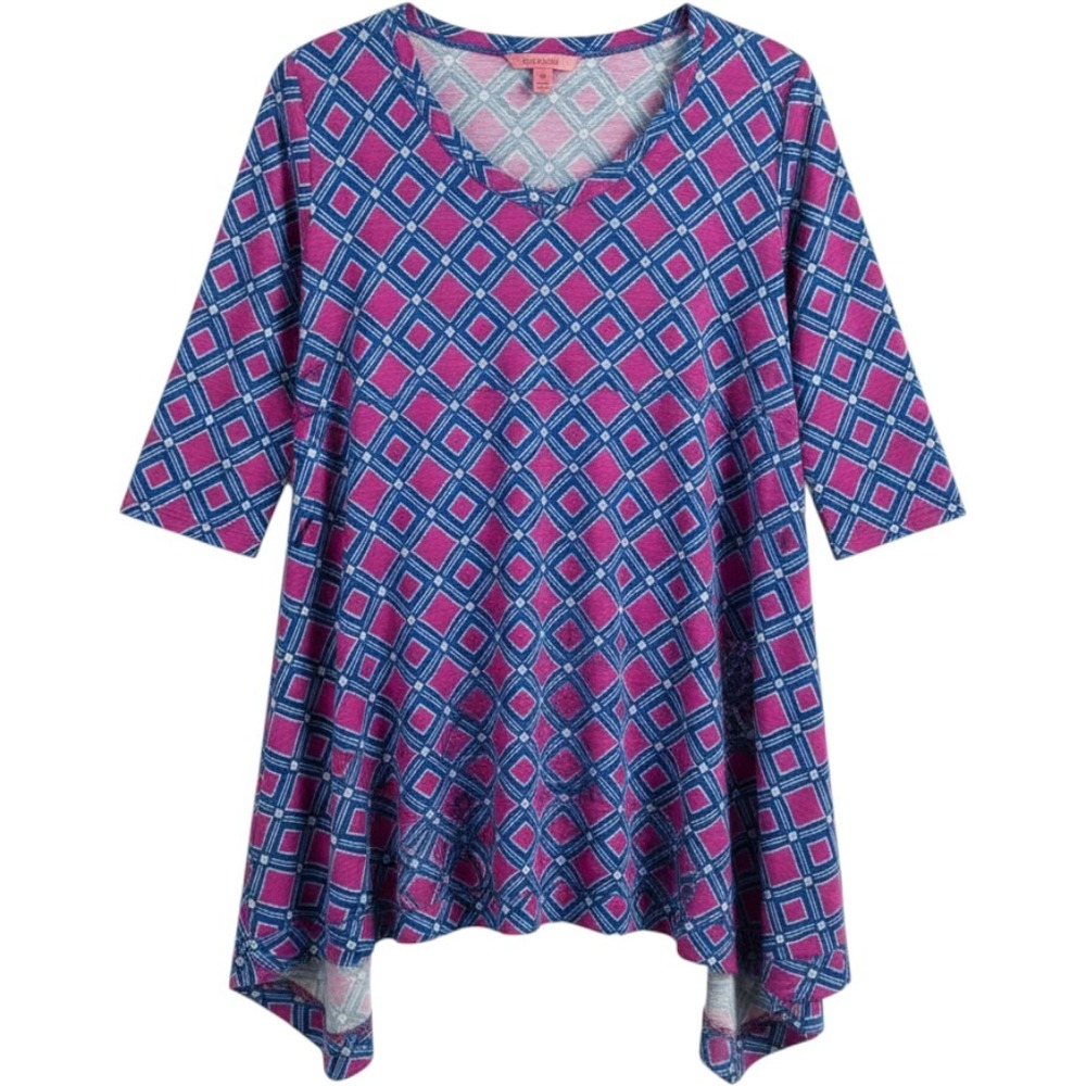 Honeyme Curvy Pink Blue Geometric Sharkbite Tunic Top V-Neck 3/4 Sleeve XL PAULA